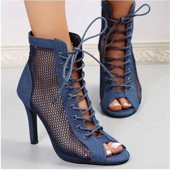 Denim Mesh Stiletto Sandals Peep Toe Lace Up High Heels Hollow Out Boho - Picture 1 of 3